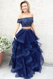 Navy Blue A Line Off Shoulder Ruffles Two Piece Prom Dress, Formal Dress, SP336