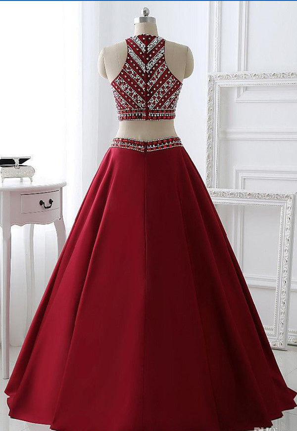 Burgundy Satin A-line Two Pieces Long Prom Dress Party Dresses at simidress.com