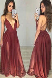 Burgundy Simple V neck Tulle  Long Prom Dress,Party Dresses for Girls,Evening Dress,M74