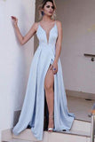 High Quality Light Blue Deep V Neck Long Cheap Prom Dress Party Gowns,M73