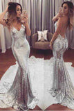 Mermaid Backless Prom Dress,Silver Sequined Prom Dresses,Evening Dress