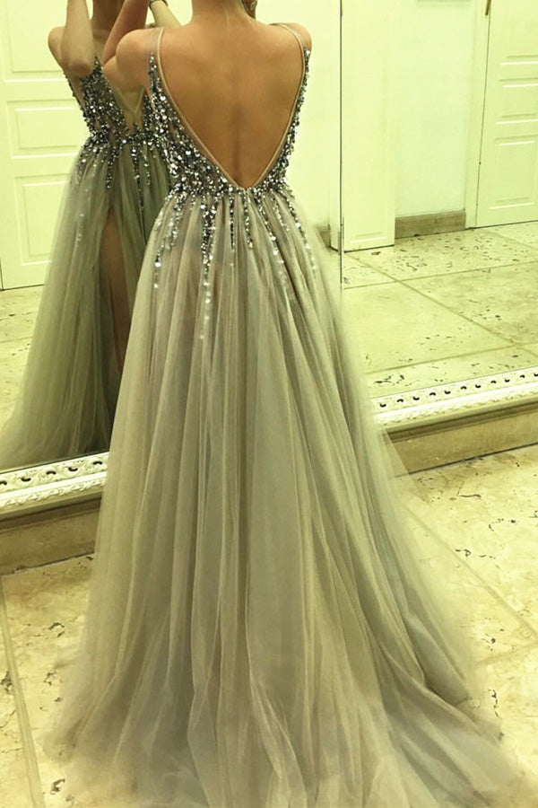 Sexy Side Split Sleeveless Tulle Evening Dress, Long Prom Dresses, Party Dress, M84