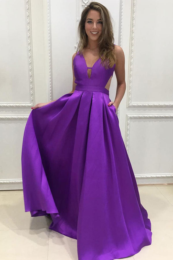 Satin A-line V-neck Long Prom Dresses, Purple Bridesmaid Dress, M89