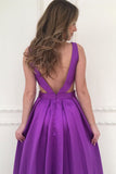 Satin A-line V-neck Long Prom Dresses, Purple Bridesmaid Dress, M89