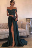 Navy Green A Line Chiffon High Split Side Slit Lace Top Prom Dresses, M90