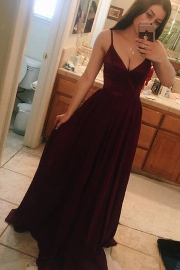 V Neck Spaghetti Straps Long Prom Dresses, Floor Length Formal Dress, M91