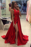 Red A-line Sexy Side Slit V Neckline Long Prom Dress with Sweep Train, M95