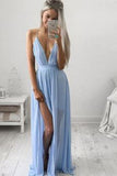 Simple Blue Casual Spaghetti Straps Chiffon Long Prom Dress, M96