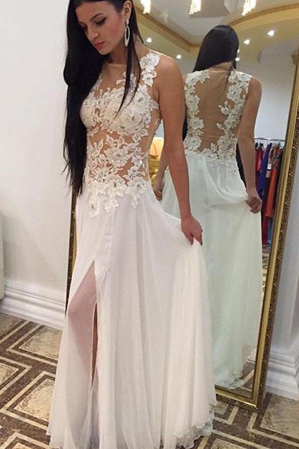 White Chiffon Floor Length Sleeveless Long Prom Dress with Beading, M97