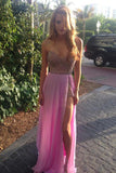 Pink Side Slit Off Shoulder Floor Length Long Prom Dress with Beading, M98