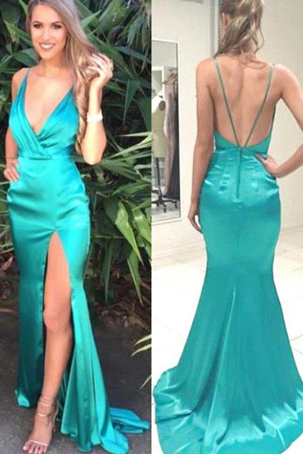Green Sheath Deep V-Neck Jade Split Long Prom Dresses With Sweep Train, M99
