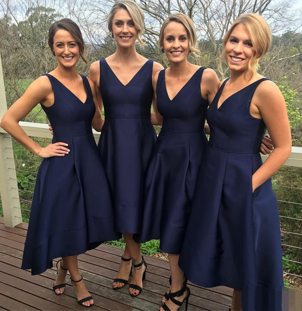 Navy Blue A-line High Low Simple Bridesmaid Dress,Wedding Party Dress – Simidress