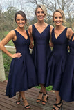 Navy Blue A-line High Low Simple Bridesmaid Dresses, Wedding Party Dress,MB31