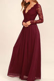 Burgundy Long Sleeves Bridesmaid Dresses, Fashion V neck Long Prom Dress, BD32