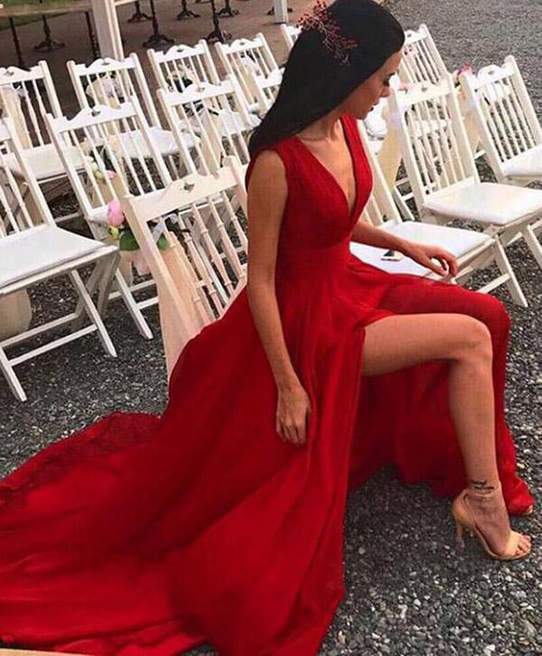 Red Split Prom Dresses,V Neck Chiffon Evening Dresses, Sexy Party Gowns, MI32 | long prom dresses | red prom dresses | cheap prom dresses | evening dresses | Simidress.cm