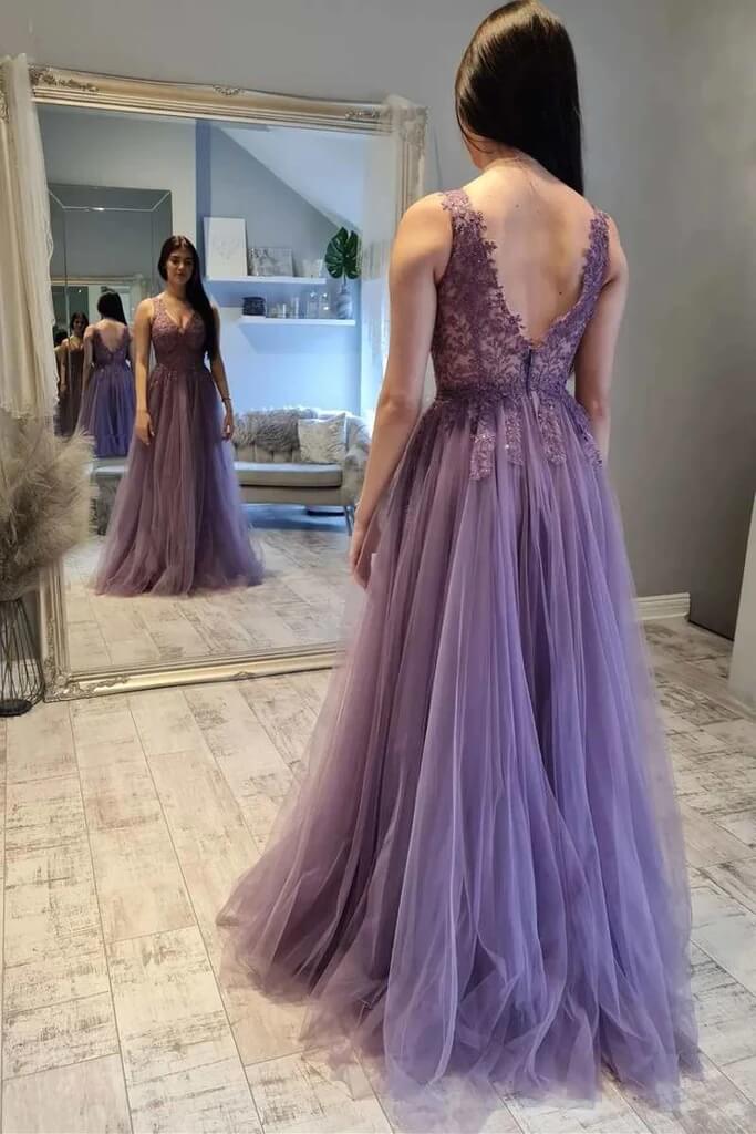 Mauve Tulle A-line Lace V-neck Floor Length Prom Dresses, Evening Dress, SP912 | lace prom dresses | evening gown | long formal dresses | simidress.com
