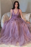 Mauve Tulle A-line Lace V-neck Floor Length Prom Dresses, Evening Dress, SP912