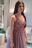 Mauve Tulle A-line Lace V-neck Floor Length Prom Dresses, Evening Dress, SP912 | prom dresses online | new arrivals prom dresses | cheap long prom dresses | simidress.com