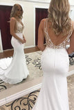 Mermaid Deep V-neck Lace Appliques Wedding Dress With Sweep Train, SW605 | mermaid lace wedding dresses | satin wedding dresses | cheap wedding dresses online | simidress.com