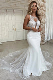 Mermaid Lace Backless Deep Neckline Wedding Dresses, Ivory Bridal Gown, SW476