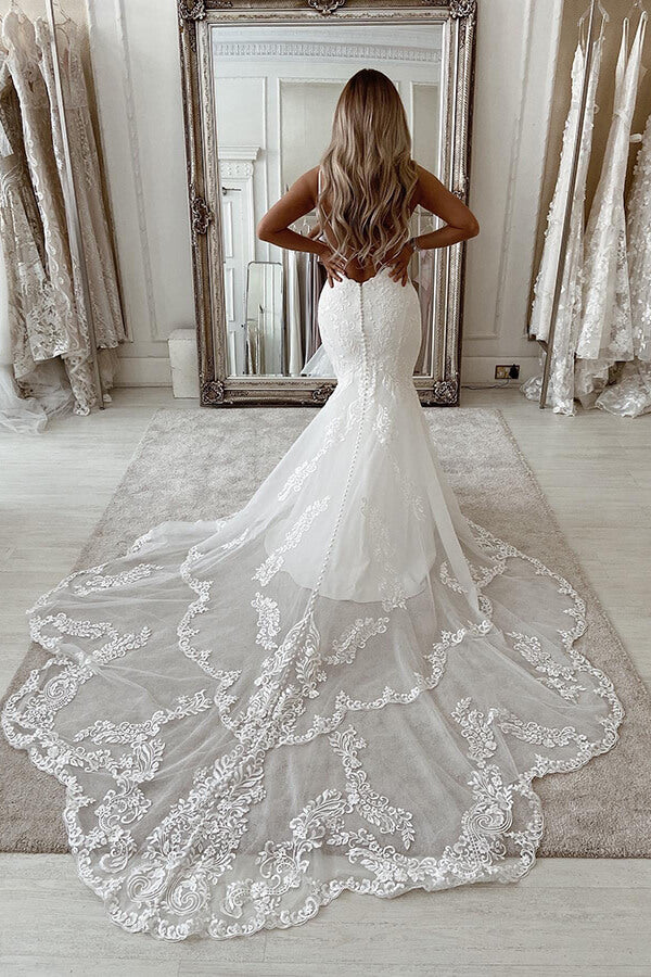 Mermaid Lace Backless Deep Neckline Wedding Dresses, Ivory Bridal Gown, SW476