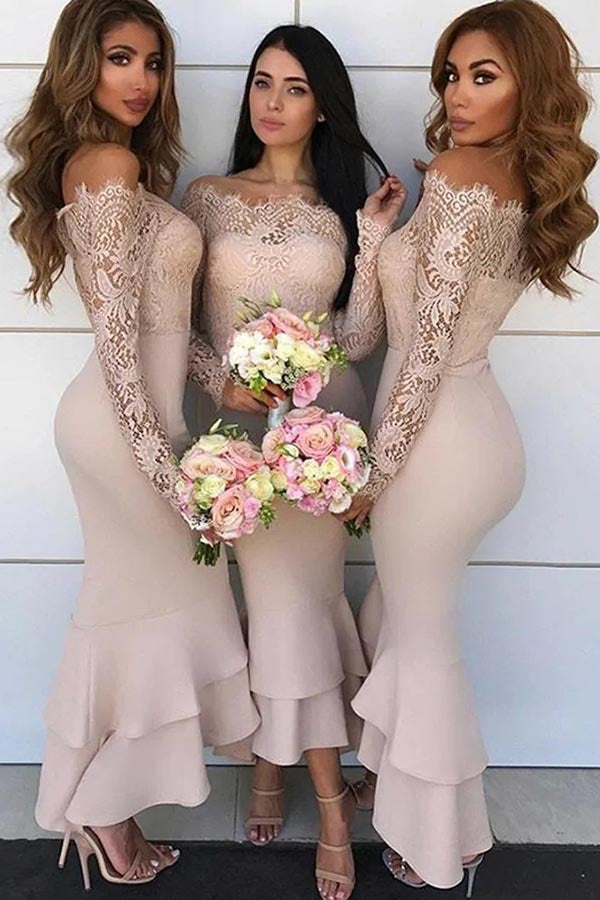 Mermaid Off-the-Shoulder Long Sleeves Lace Top Short Bridesmaid Dresses, BD135 | short bridesmaid dresses | lace bridesmaid dresses | junior bridesmaid dresses | simidress.com