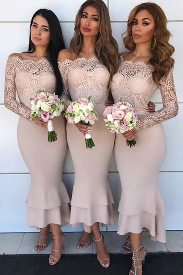 Mermaid Off-the-Shoulder Long Sleeves Lace Top Short Bridesmaid Dresses, BD135 | budget bridesmaid dresses | pink bridesmaid dresses | maid of honor's dress | simidress.com