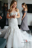 Mermaid Off Shoulder Lace Illusion Neck Wedding Dresses With Train, SW412