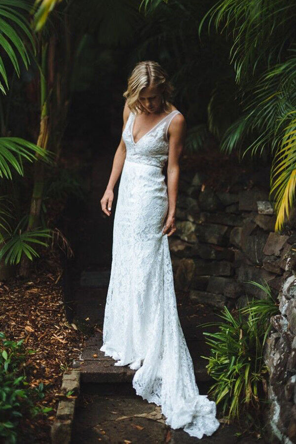 Mermaid V-neck Lace Open Back Beach Wedding Dresses, Bridal Gowns, SW611 | lace wedding dress | mermaid wedding dress | sheath wedding dress | simidress.com