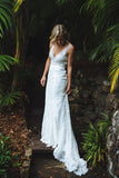 Sheath V-neck Lace Open Back Beach Wedding Dresses, Bridal Gowns, SW611