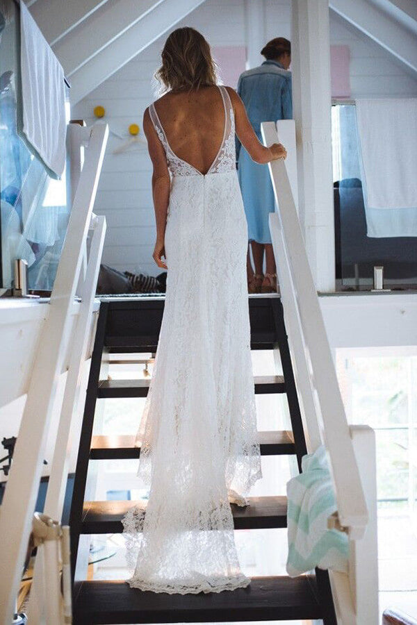 Mermaid V-neck Lace Open Back Beach Wedding Dresses, Bridal Gowns, SW611 | wedding gown | beach wedding gown | bridal style | simidress.com