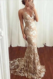 Mermaid V-neck Spaghetti Straps Lace Appliques Prom Dresses With Train, SP819 | lace prom dresses | mermaid prom dresses | evening gown | simidress.com