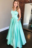 Mint Green Satin A-line Long Prom Dresses, Evening Dress With Pockets, SP769