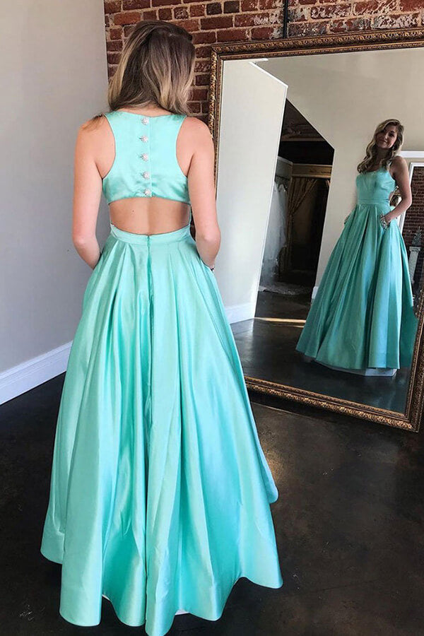 Mint Green Satin A line Long Prom Dress With Pockets SP769 Simidress