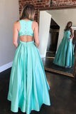Mint Green Satin A-line Long Prom Dresses, Evening Dress With Pockets, SP769 | satin prom dresses | beaded prom dresses | evening gown | www.simidress.com