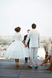 Modest Taffeta A-line V-neck Tea Length Wedding Dresses, Bridal Gowns, SW458 | bridal gowns | wedding gowns | short sleeves wedding dresses | www.simidress.com