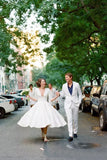 Modest Taffeta A-line V-neck Tea Length Wedding Dresses, Bridal Gowns, SW458 | a line wedding dresses | v neck wedding dresses | bridal outfit | www.simidress.com