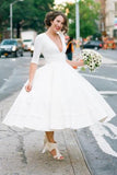 Modest Taffeta A-line V-neck Tea Length Wedding Dresses, Bridal Gowns, SW458 | short wedding dresses | simple wedding dresses | white wedding dress | www.simidress.com