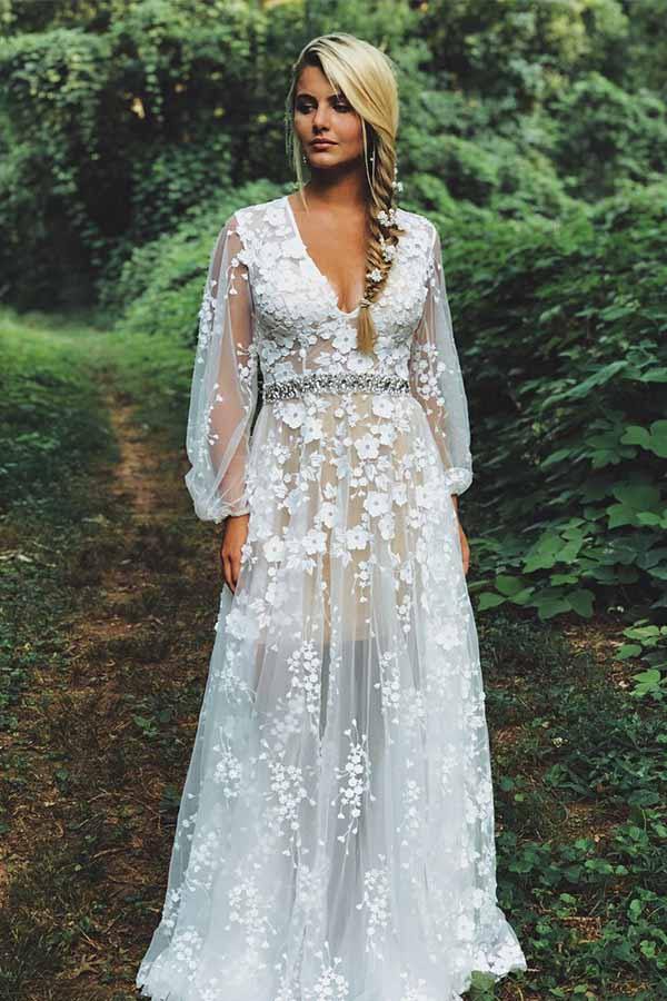 Modest White Lace A-line V-neck Long Sleeves Beaded Wedding Dresses, SW509 | long sleeves wedding dresses | a line lace wedding dress | beach wedding dresses | www.simidress.com