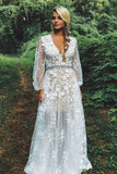 Modest White Lace A-line V-neck Long Sleeves Beaded Wedding Dresses, SW509