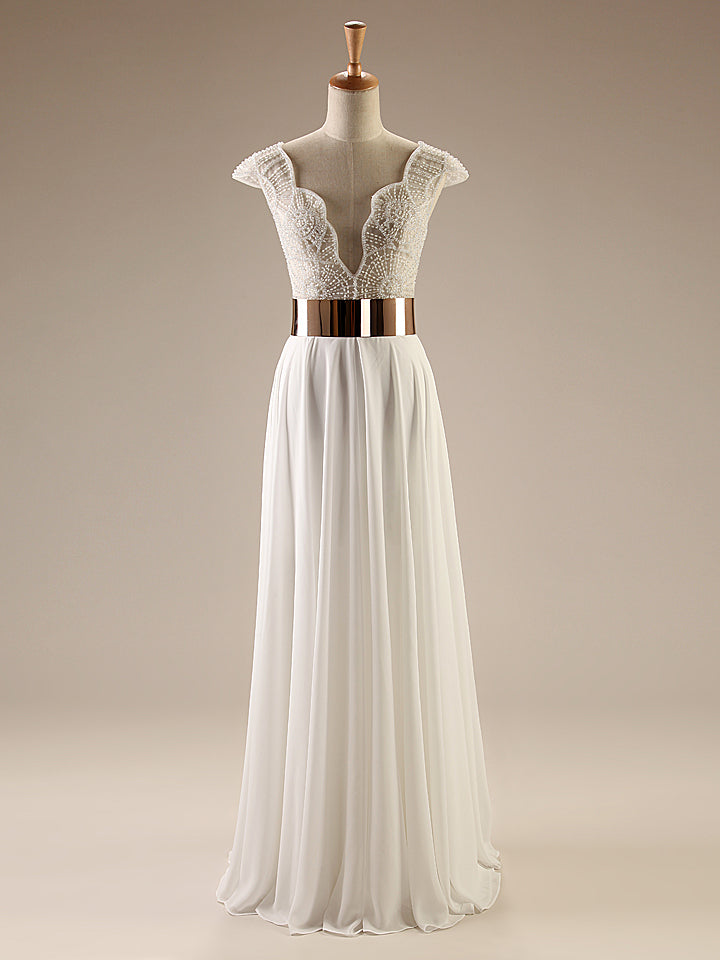 V-neck Side Slit Wedding Party Dresses,White Cap Sleeves Prom Dresses – Simidress V-neck Side Slit Wedding Party Dresses,White Cap Sleeves Prom Dresses – Simidress