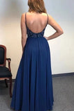 Navy Blue A-line Beaded Spaghetti Straps Prom Dresses, Long Formal Dress, SP789 | a line prom dresses | cheap prom dresses online | evening gown | www.simidress.com