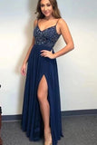 Navy Blue A-line Beaded Spaghetti Straps Prom Dresses, Long Formal Dress, SP789 | long prom dresses | vintage prom dresses | chiffon prom dress | www.simidress.com