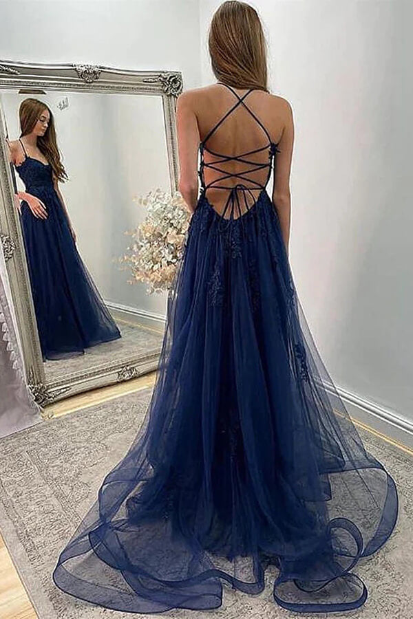Navy Blue Lace A-line Backless Long Prom Dresses With Slit, Evening Dress, SP853 | cheap long prom dresses | lace prom dress | evening gown | simidress.com