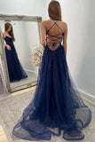 Navy Blue Lace A-line Backless Long Prom Dresses With Slit, Evening Dress, SP853 | cheap long prom dresses | lace prom dress | evening gown | simidress.com