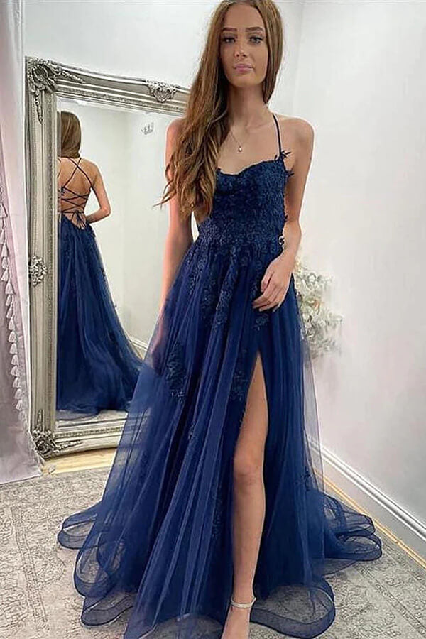 Navy Blue Lace A-line Backless Prom Dress With Slit SP853 | Simidress Navy Blue Lace A-line Backless Prom Dress With Slit SP853 | Simidress