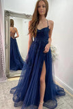 Navy Blue Lace A-line Backless Long Prom Dresses With Slit, Evening Dress, SP853
