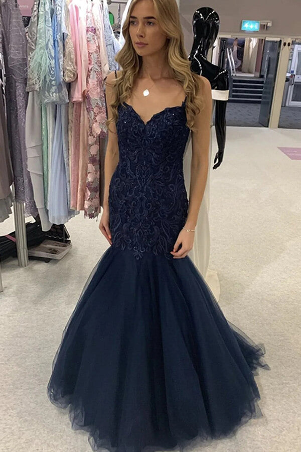 Navy Blue Mermaid Spaghetti Straps Lace Prom Dresses SP873 | Simidress Navy Blue Mermaid Spaghetti Straps Lace Prom Dresses SP873 | Simidress