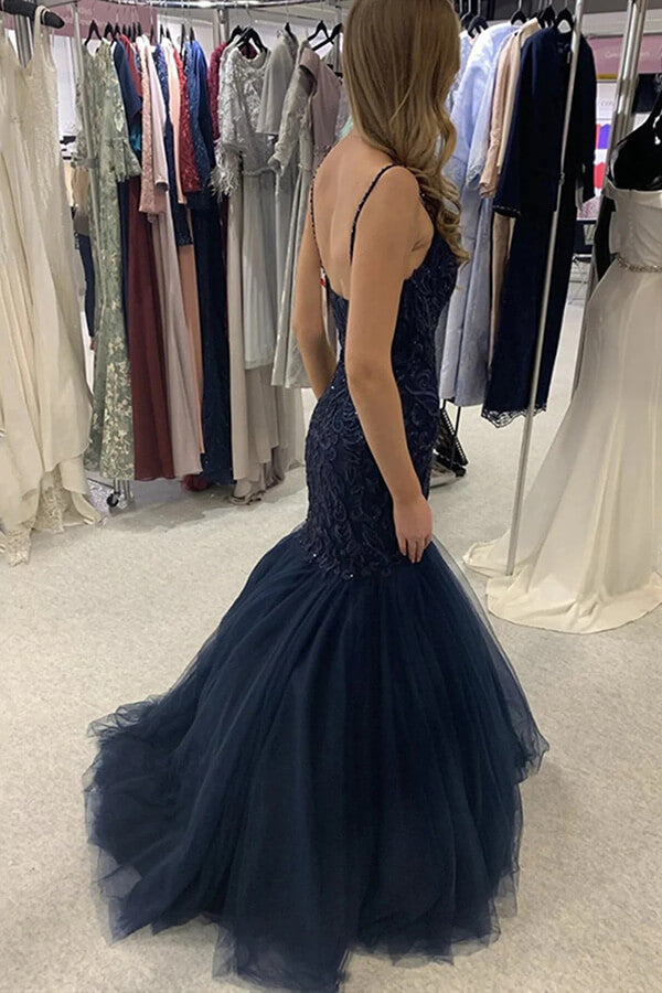 Navy Blue Mermaid Spaghetti Straps Lace Prom Dresses, Evening Gown, SP873 | tulle prom dresses | long prom dresses | lace prom dresses | simidress.com