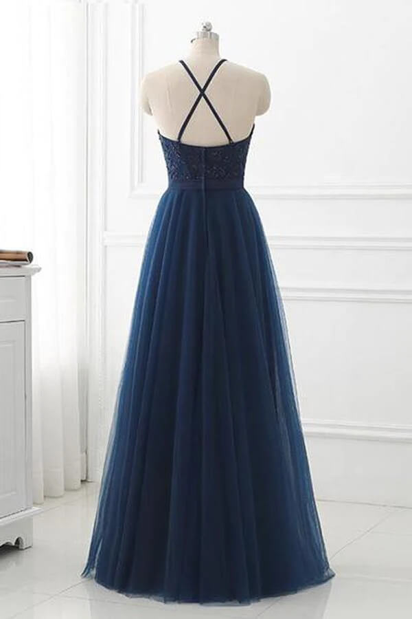 Navy Blue Tulle A-line Lace Appliques Halter Long Prom Dress, Party Dress, SP946 | simple prom dress | prom dress stores | evening long dress | simidress.com